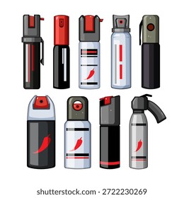 Coleção de vários sprays de pimenta de autodefesa, apresentando desenhos com símbolos de pimenta chili comunicando um conceito de proteção pessoal e segurança
