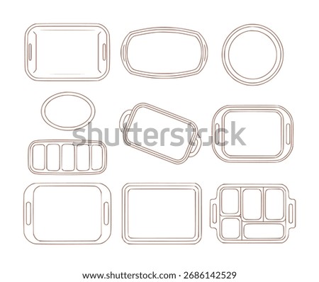 A collection of various serving trays and platters, including round, oval, rectangular, and divided designs, all presented in a simple outline style.