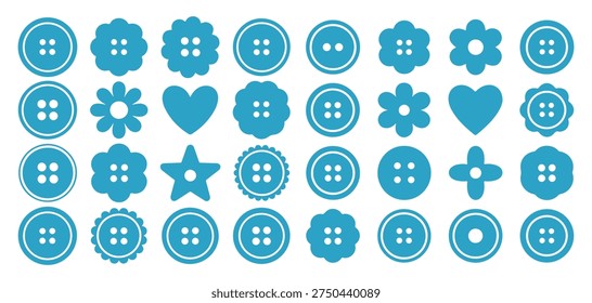 Collection of various shaped sewing buttons in blue color featuring star, flower, and square designs for textile decoration. vector illustration eps 10