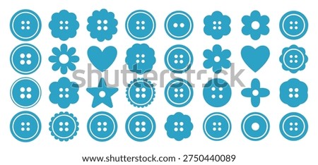 Collection of various shaped sewing buttons in blue color featuring star, flower, and square designs for textile decoration. vector illustration eps 10
