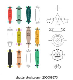 Collection of various shaped skateboards and longboards. Vintage labels. Vector. Isolated.