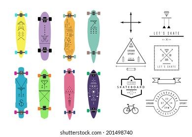 Collection of various shaped skateboards and longboards. Vintage labels. Vector. Isolated.