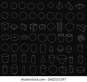 A collection of various shapes and forms, including circles, squares, and triangles, are drawn in black and white. Concept of creativity and artistic expression