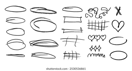 A collection of various shapes and lines, including a heart, a cross, and a star. The shapes and lines are all drawn in black and white