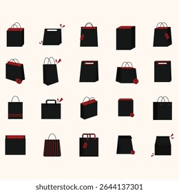 Collection of various shapes and styles of black shopping bags with red details and accents.  The bags are displayed against a white background.