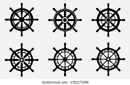 Collection of various ship wheel or helm vector illustration logo.