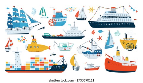 Colección de varios barcos aislados sobre fondo blanco en un estilo plano. Ilustraciones de transporte de agua para el diseño de habitaciones para niños, prendas de vestir, textiles.Vector