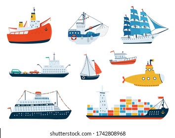 Collection Various Ships Isolated On White Background In A Flat Style. Illustrations Of Water Transport, Sailboat, Submarine, Icebreaker, Fishing Boat. Vector Illustration