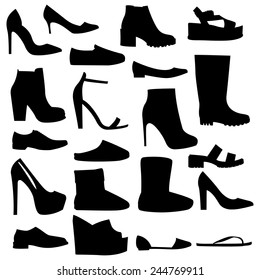 collection of various shoes silhouettes on white background