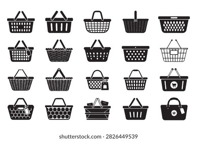 A collection of various shopping baskets and laundry hampers depicted as black silhouettes against a white background. The designs feature