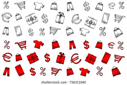 Collection of various shopping items in two colors on white isolated background