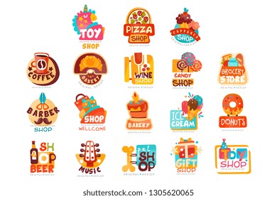Collection of various shops logo templates set, emblem for cupcake, candy, pizza, ice cream, donut, gift and toy market vector Illustrations on a white background