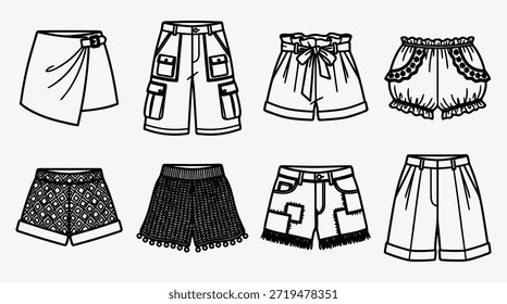 Colección de varios diseños y patrones de pantalones cortos para la ilustración de moda
