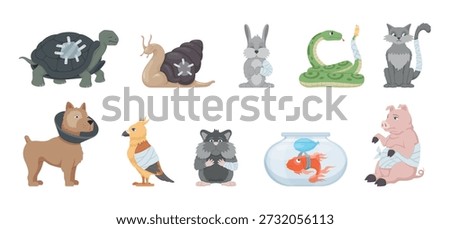 A collection of various sick animals in need of veterinary care. Various pets, including a turtle, a cat, a dog, a parrot, and a hamster, are presented looking over-bented and sad.