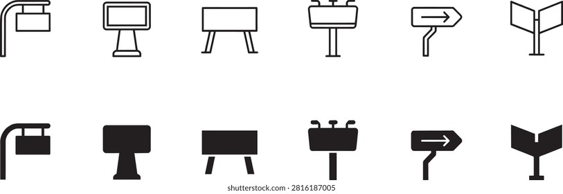A collection of various signpost and billboard outline and solid icons arranged in two rows.