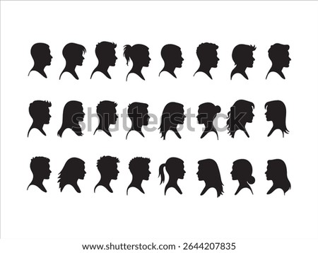 Collection of various silhouette profiles representing diverse hairstyles and facial features