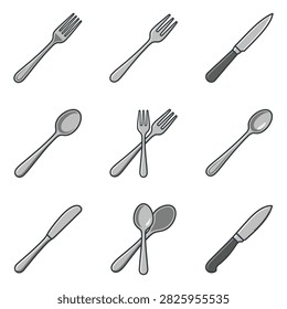 A collection of various silverware utensils such as forks spoons and knives arranged in a grid pattern