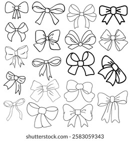 Collection of various simple black line bow illustrations.