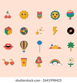 Collection of various simple, colorful graphic icons, potentially for use in design or as digital stickers.  These icons feature bright colors and a playful aesthetic, evoking a retro or vintage vibe.