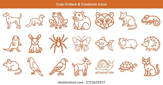 Sammlung verschiedener einfacher skizzierter Tiere und Kreaturen, Vektorsymbole, die gesetzt sind, umfasst Hund, Frettchen, Frosch, Bär, Waschbär, Ratte, Chamäleon, Eidechse, Kaninchen, Spinne und andere Tiere.