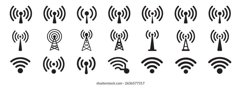 Collection of various simplified black and white wifi signal and antenna icons