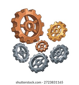 Una colección de engranajes y engranajes de varios tamaños en diferentes colores metálicos, lo que sugiere ingeniería mecánica e industria.