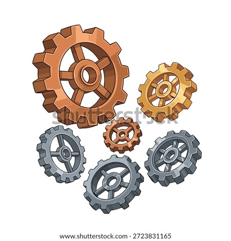 A collection of various sized gears and cogs in different metallic colors, suggesting mechanical engineering and industry.