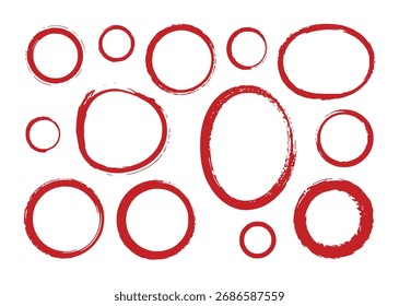 A collection of various sizes of red, hand-drawn circles and ovals with a textured, brush-stroke appearance, isolated on a white background.