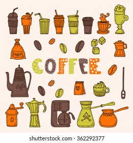 Collection of various sketches coffee doodles elements. Hand drawn illustration. Coffee time. Vector illustration