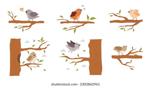 Collection of various small birds sitting on tree branches. Flying and singing spring sparrows. Flat stock vector illustration on an isolated white background. Various funny wild feathered animals.