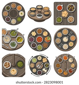Collection of various small bowls containing different dips sauces and spreads arranged in a circular pattern