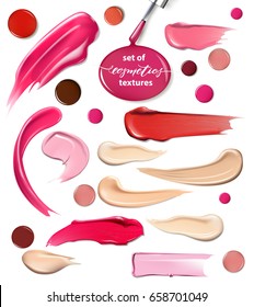 Collection of various Smears lipstick, Foundation, drops of nail Polish on white background. Beauty and cosmetics background. Use for advertising flyer, banner, leaflet. Template Vector.