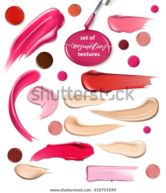 Collection of various Smears lipstick,\
Foundation, drops of nail Polish on white background. Beauty and\
cosmetics background. Use for advertising flyer, banner, leaflet.\
Template Vector.