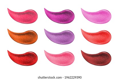 Collection of various smears lipstick isolated on white. Beauty and cosmetics background. Pink lip gloss strokes