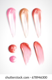 Collection of various smears lipstick isolated on white. Beauty and cosmetics background. Pink lip gloss strokes.