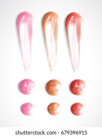 Collection of various smears lipstick isolated on white. Beauty and cosmetics background. Pink lip gloss strokes.