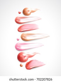 Collection of various smears lipstick isolated on white. Beauty and cosmetics background. Pink lip gloss strokes.