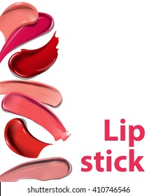 Collection of various Smears lipstick on white background. Beauty and cosmetics background. Use for advertising flyer, banner, leaflet. Template Vector.