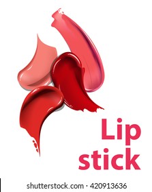 Collection of various Smears lipstick on white background. Beauty and cosmetics background. Use for advertising flyer, banner, leaflet. Template Vector.