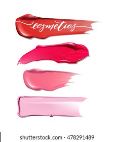 Collection Of Various Smears Lipstick On White Background. Beauty And Cosmetics Background. Use For Advertising Flyer, Banner, Leaflet. Template Vector.