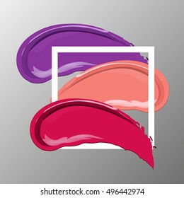 Collection of various Smears lipstick on white background. Beauty and cosmetics background. Use for advertising flyer, banner, leaflet. Template Vector.