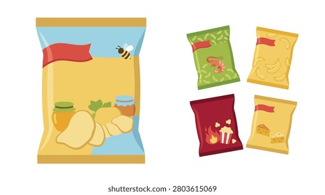 A collection of various snack food packaging designs, including chips and other treats.