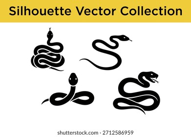 Uma coleção de várias silhuetas de serpente em formato de vetor preto, ideal para projetos de design, logotipos e ícones.