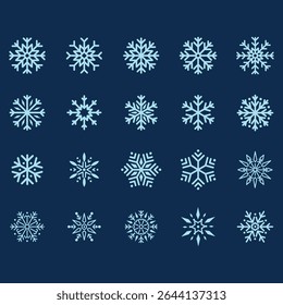 Coleção de vários projetos flocos de neve em um estilo simples, contornado contra um fundo escuro.  Os flocos de neve são diferentes em seus padrões, exibindo uma gama de complexidade