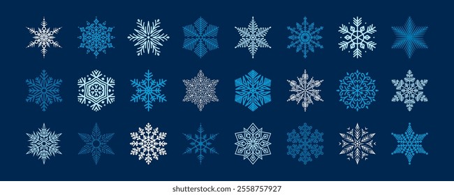 A collection of various snowflakes in shades of white and blue on a dark blue background. Each snowflake is unique, featuring abstract geometric elements. Christmas design of winter vector icons