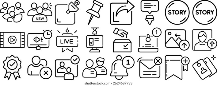 Collection of various social media and communication set icon designs created with linear stroke style and black outline elements.