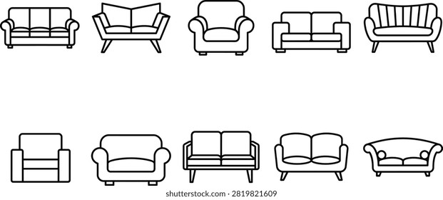 Collection of various sofa and armchair icons, including modern, classic, and minimalist styles, isolated on white background for interior design projects.