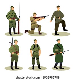 Collection of Various Soldiers Military People or Personnel Army Dressed in Camouflage Uniform.Set of Soldiers,Secret service agent,Combat,Serdeant,Capitan with Weapon.Flat Cartoon Vector illustration