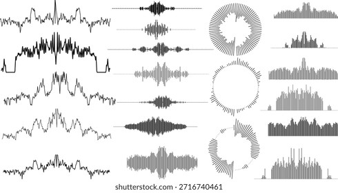 Collection of various sound waveforms and audio signal patterns