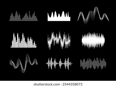 Se presenta una colección de varias formas de onda de sonido. Ilustración vectorial